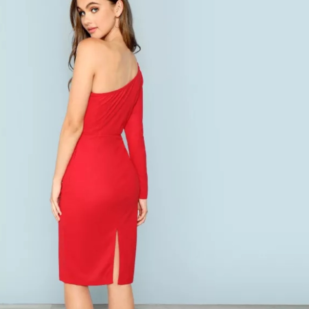 Red One Shoulder Bow Midi Dress - Picture 2 of 3